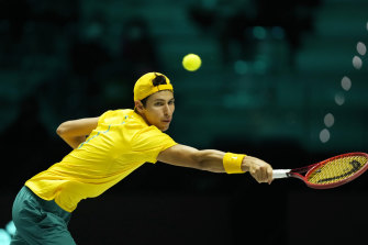 Australia’s Alexei Popyrin at full stretch in his Davis Cup clash against Croatia’s Borna Gojo.