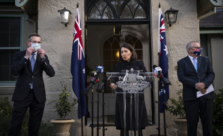 Prime Minister Scott Morrison, Premier Gladys Berejiklian and NSW Treasurer Dominic Perrottet announce a lockdown support package.