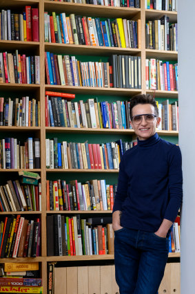 Masha Gessen at home: book shelves stretch to the ceilings.