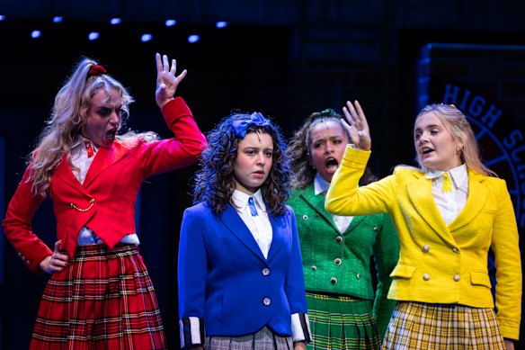 Veronica Sawyer (Emma Caporaso, in blue), ingratiates herself with the  “Heathers” (Calista Nelmes, Amelia Rojas and Abigail Sharp).