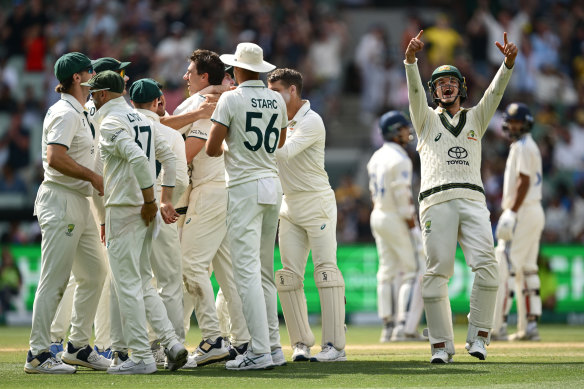 Australian debutant Sam Konstas celebrates the key dismissal of Yashavsi Jaiswal on the final day of the fourth Test.