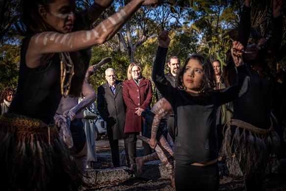 Treaty negotiations on the current in-principle agreement began last November. Members of the First Peoples’ Assembly and Premier Jacinta Allan are pictured with dancers while meeting near Bendigo in June.