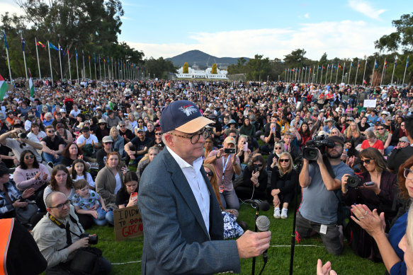 Prime Minister Anthony Albanese at Sunday’s rally to end domestic violence in Canberra.