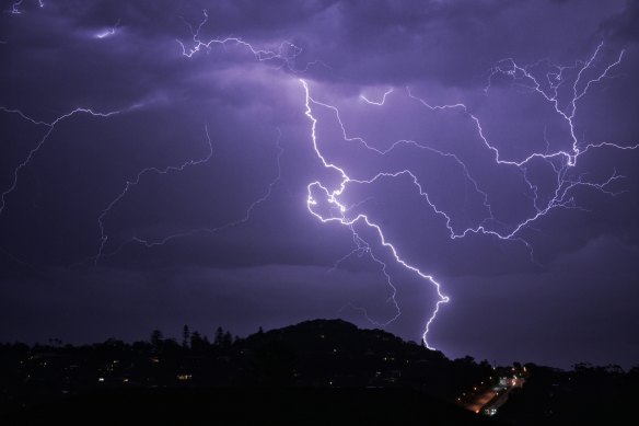 Lightning flashes across the sky as seen from Newport on Sydney’s northern beaches on Tuesday night.