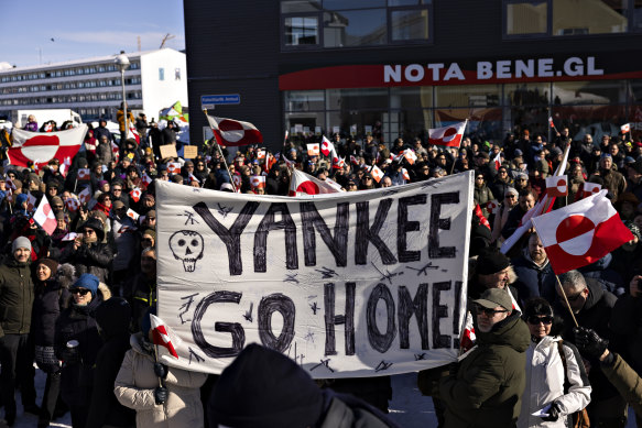 Anti-American protests in front of the US consulate in Nuuk, Greenland last week.