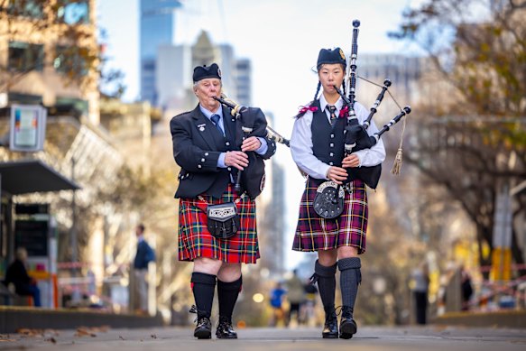 Helen Dilks and 13-year-old Scarlett Cai took part in a record attempt for the largest female bagpipe performance on Sunday. 