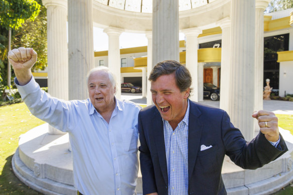 Tucker Carlson and Clive Palmer launch their event series in Brisbane at one of Palmer’s homes.