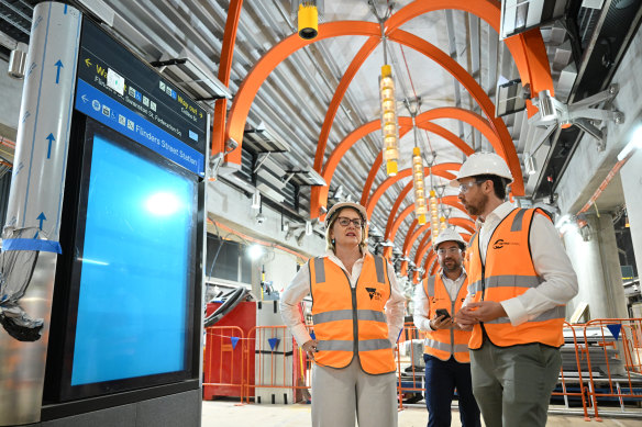 Premier Jacinta Allan inspects the Metro Tunnel project site on Thursday.