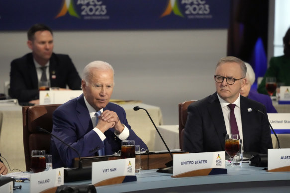 President Joe Biden, left, speaks as Australian Prime Minister Anthony Albanese listens during the Asia-Pacific Economic Cooperation (APEC) conference.