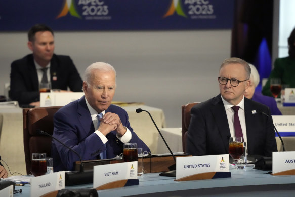 President Joe Biden speaks as Australian Prime Minister Anthony Albanese listens during an APEC conference in November last year.