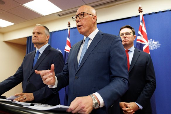 Former Coalition leader Peter Dutton with shadow energy spokesman Ted O’Brien (left) and Nationals leader David Littleproud.