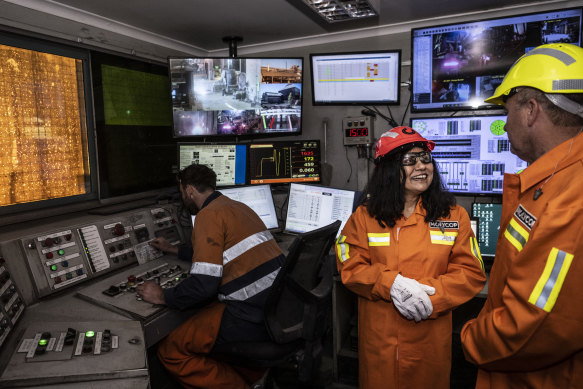 Professor Veena Sahajwalla (centre),  the Inventor & Professor of Materials Science UNSW, inside the control room.