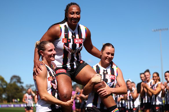Sabrina Frederick was chaired off the ground after her 100th AFLW game – a tough loss to the Saints.