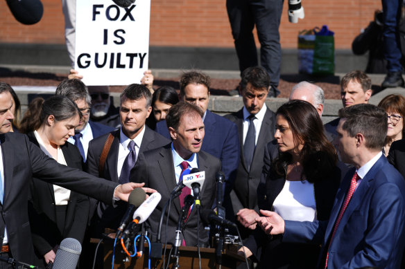 Attorney Justin Nelson, representing Dominion Voting Systems, outside court after the settlement with Fox.