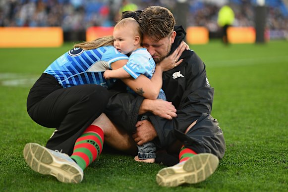 Jai Arrow couldn’t hold back his emotion after the match when greeted by his family on the pitch.
