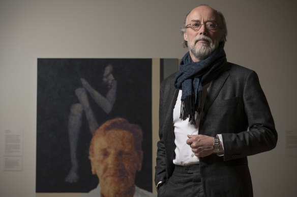 The artist Bill Henson with Archibald finalist John Beard's artwork Edmund (+Bill) at the AGNSW.