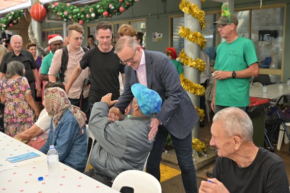Prime Minister Anthony Albanese at a Christmas lunch for the homeless in Sydney.