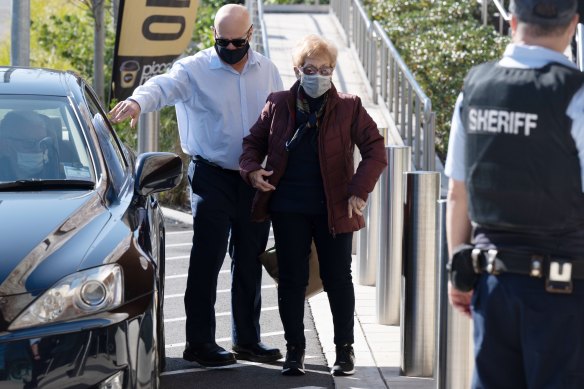 Melissa Caddick’s mother, Barb Grimley, and brother Adam Grimley at the coronial inquest on Monday.