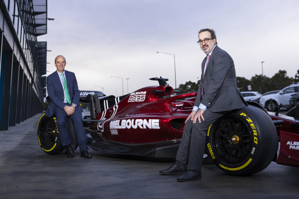 Australian Grand Prix chief executive Andrew Westacott (left) and Martin Pakula earlier this month after he secured the future of F1 at Albert Park until 2035. 