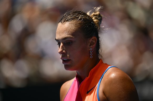 Aryna Sabalenka on Sunday during her straight-sets win over Canadian teenager Victoria Mboko.