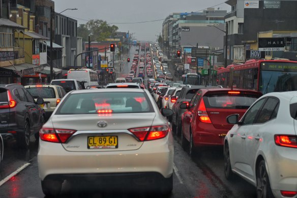 A conga line of vehicles on Victoria Road in Drummoyne during the morning peak on Tuesday. 