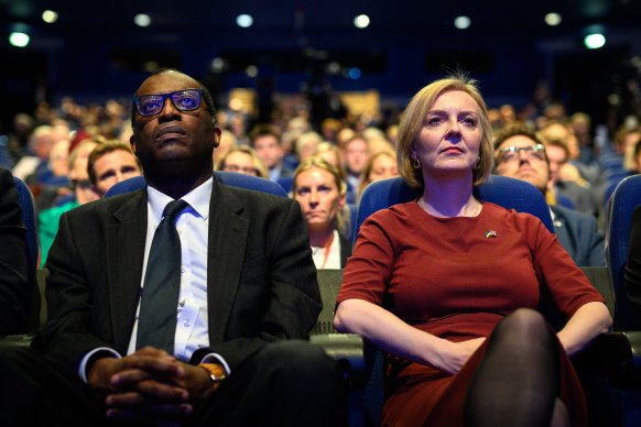 British Chancellor Kwasi Kwarteng and Prime Minister Liz Truss at the annual Conservative Party conference in Birmingham.