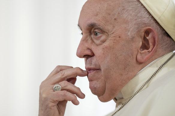 Pope Francis pauses during an interview with The Associated Press at The Vatican on Tuesday.