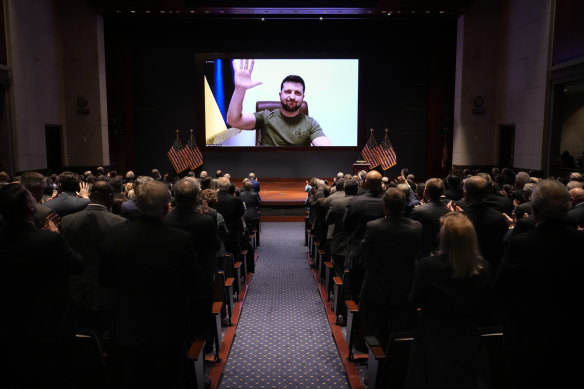 Volodymyr Zelensky addresses members of the US Congress virtually.