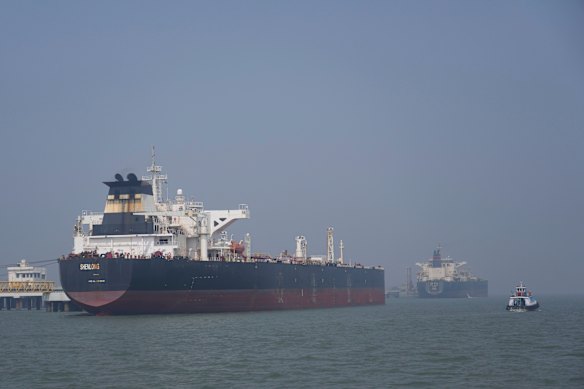 Liberia-flagged tanker Shenlong Suezmax, carrying crude oil from Saudi Arabia, that arrived after clearing the Strait of Hormuz, is pictured here at a port in India.