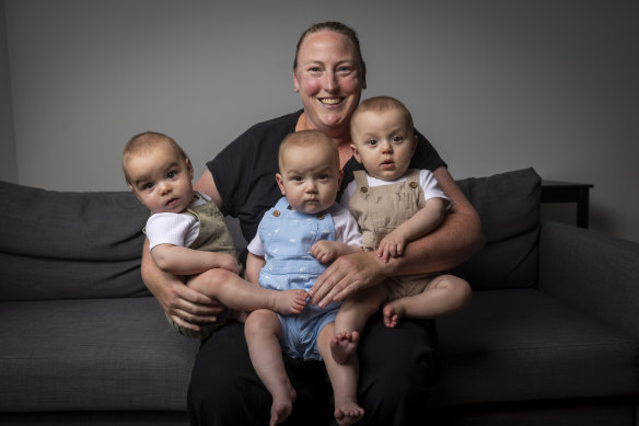 Sarah Wiseman with triplets Isaac, Arlo and Hunter.