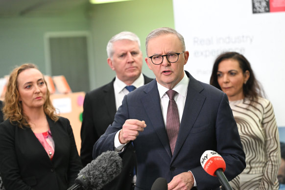 Prime Minister Anthony Albanese, with Aston candidate Mary Doyle (left), and ministers Brendan O’Connor and Anne Aly today.