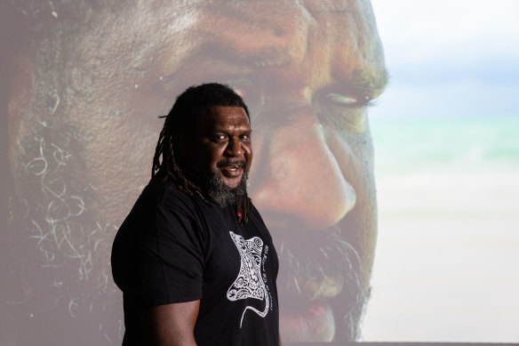 Winner of the NATSIAA multimedia award: Jimmy John Thaiday from Erub, Torres Strait Islands, with his artwork Beyond the Lines.