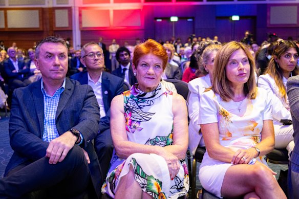 Pauline Hanson attends the CPAC conference in London with her advisor James Ashby (left).