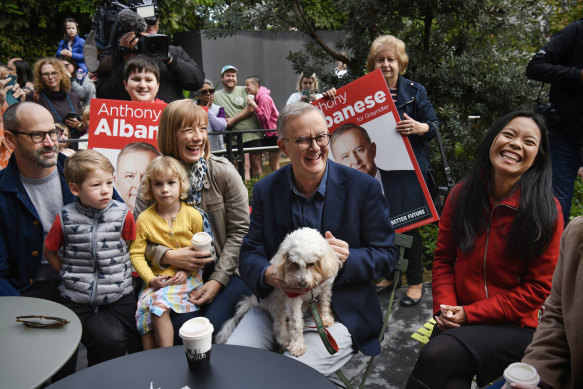Prime Minister-elect Anthony Albanese and Labor member for Reid Sally Sitou at the Marrickville Library on Sunday.