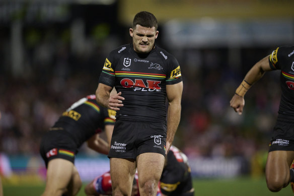 Nathan Cleary leaves the fray against the Dragons on Sunday.