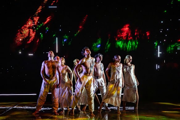 Bangarra dancers perform Illume at the Sydney Opera House. Illume is Bangarra’s first season on the main stage, the Joan Sutherland Theatre.
