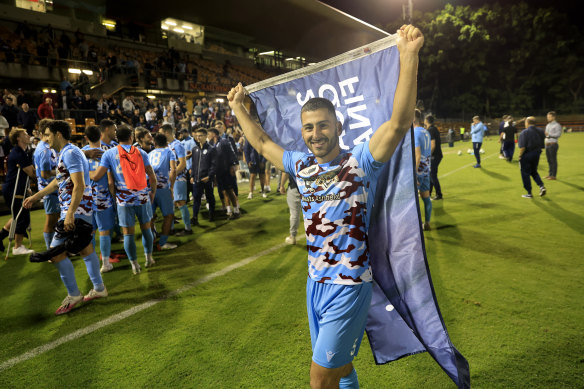 APIA Leichhardt’s Nick Azzone celebrates the win.