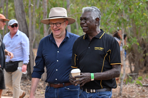 Prime Minister Anthony Albanese and Gumatj leader Djawa Yunupingu at the Garma Festival on Saturday.