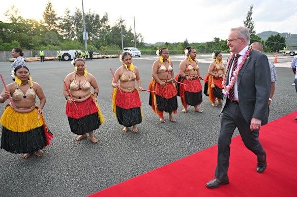 Prime Minister Anthony Albanese was welcomed at Palau Airport on Monday night. 