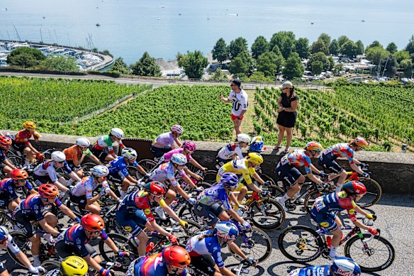 The peloton passes through the village of Chexbres during the second stage of the women’s Tour de France.