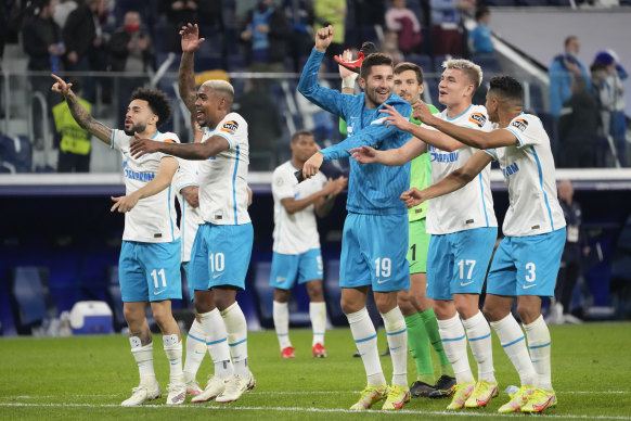 Zenit St Petersburg players toast their huge Champions League win over Malmo in Russia.