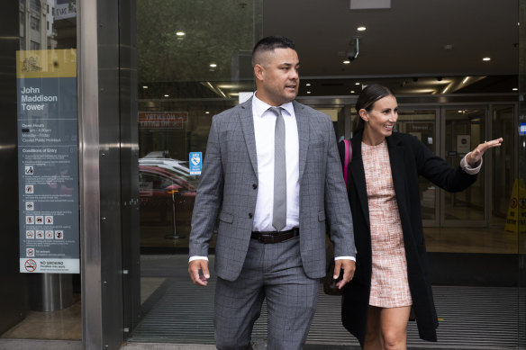 Jarryd Hayne leaves the NSW District Court with his wife.