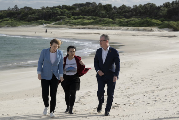 Transport Minister Jo Haylen, left, campaigner Maria Poulos and  Attorney-General Michael Daley at Yarra Bay on Friday.
