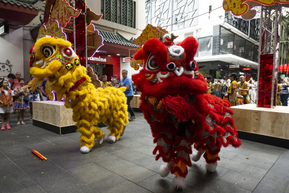 Da Hung Lion Dancers performing at the Sydney Lunar Festival launch, Dixon Street Mall. 