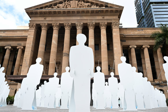 As part of a road safety campaign, the Queensland Police Service last year erected hundreds of life-sized cut-outs of adults and children in front of City Hall.