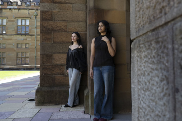 Arts students Layla Wang and Tanisha Kurlekar at the University of Sydney.