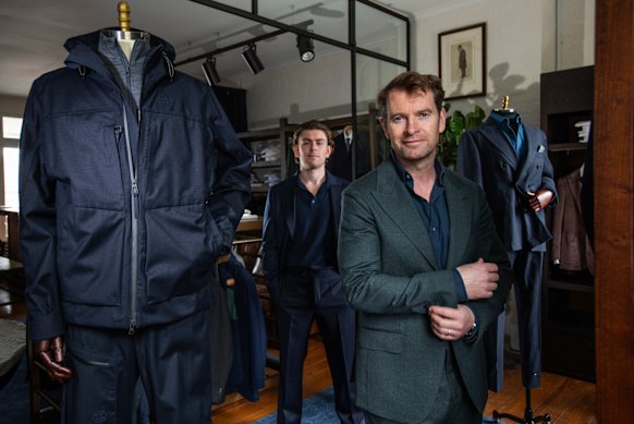 MJ Bale founder Matt Jensen (front) wearing the brand’s Timaru jacket and  trousers in green melange, and his son Harry wearing the Otago jacket and trousers in navy.