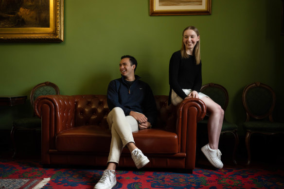 Ashley Buchanan, right, will transfer from The Women’s College to St Paul’s College when it becomes co-ed in 2023, joining the existing male students, including Lachlan Oldfield, left, in Sydney.