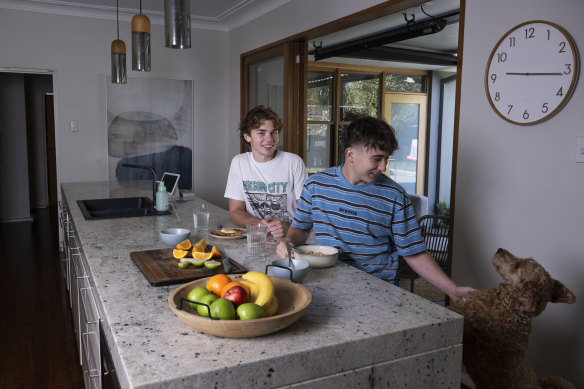 Brothers Jude and Nate Roberts enjoying a healthy breakfast at their home.