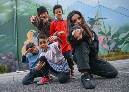 Maya Hajizadeh (right) with fellow L2R dancer Ligi Htoo (back) and learners (from left) Hunter, 7, Goldie, 6, and Curtis, 7.